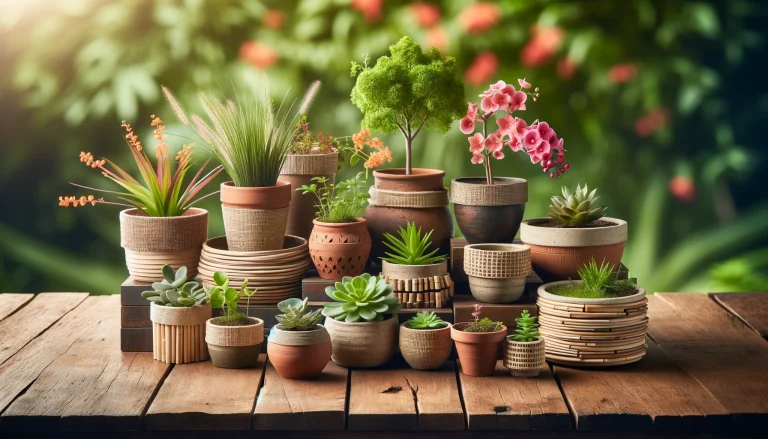 DALL·E-2024-02-27-20.30.06-A-horizontal-image-featuring-a-variety-of-eco-friendly-pots-and-planters-arranged-on-a-wooden-surface.-The-pots-are-made-from-natural-materials-like-t